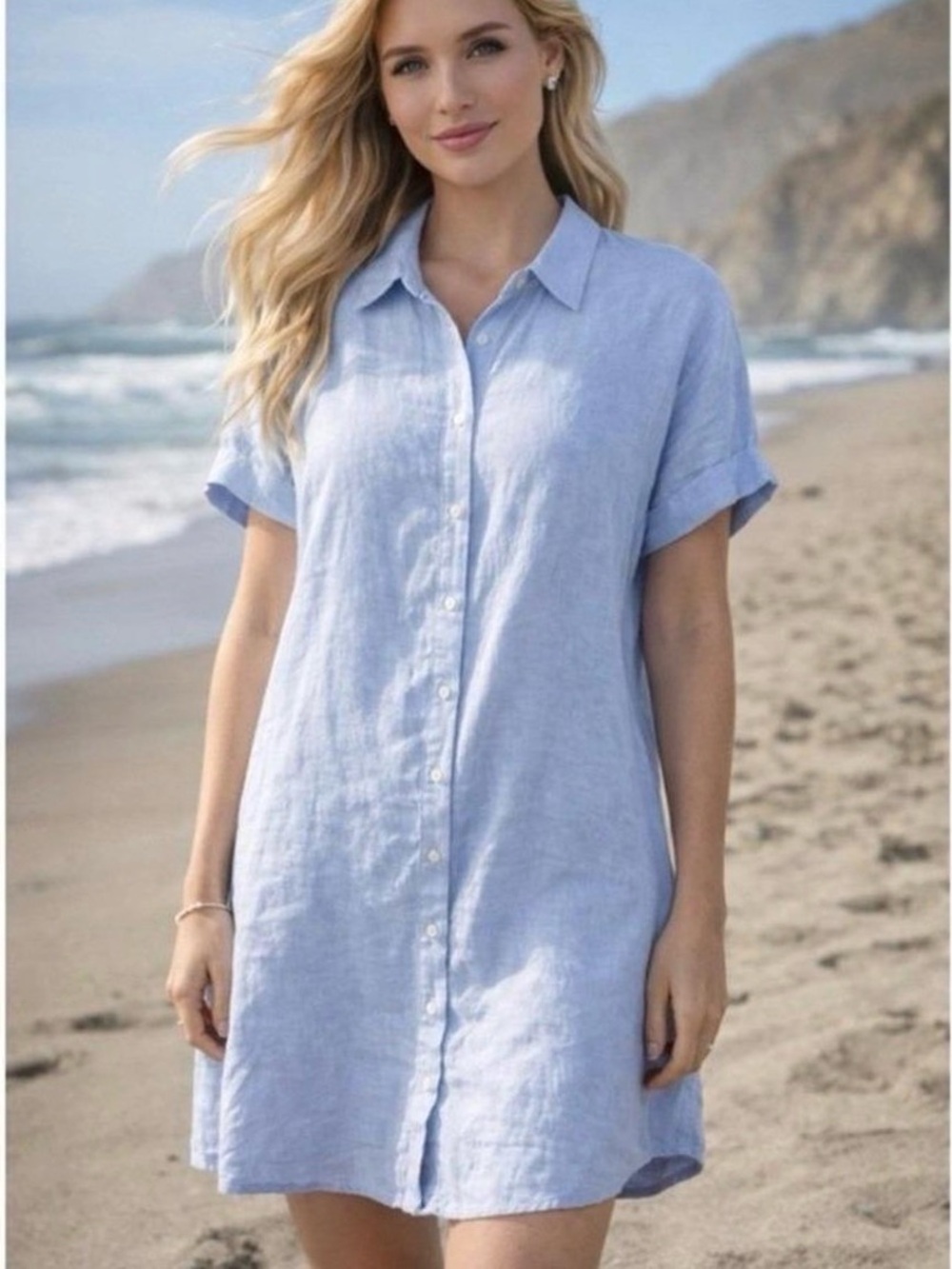 TAHARI 100% linen blue and white vertical stripes button down dress size large
